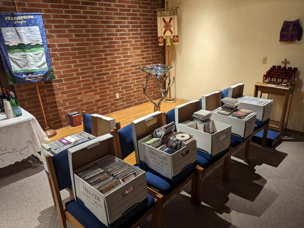 Row of boxes containing compact discs