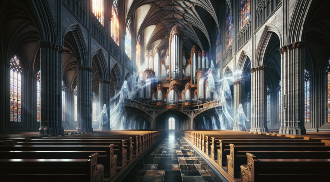 empty cathedral with magnificent organ and ghost figures surrounding the organ