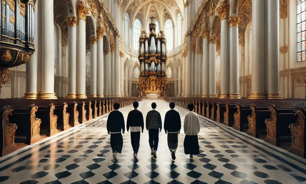 A group of Black organists walks toward the organ in a large cathedral