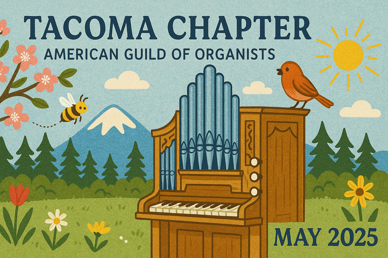 A pipe organ in a meadow with Mt. Rainier in the background, flowers, and a bird sitting on the organ singing
