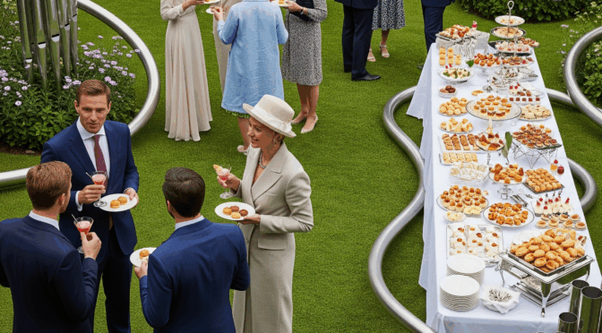 A group of well dressed people in a garden with a buffet table and organ pipes growing like plants